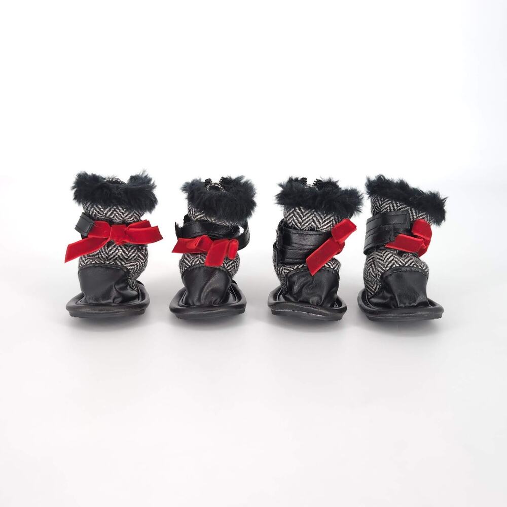 Pooch-A-Lini Pet Black White & Red 4 Dog Booties with Carry Pouch - Size XS- GUC